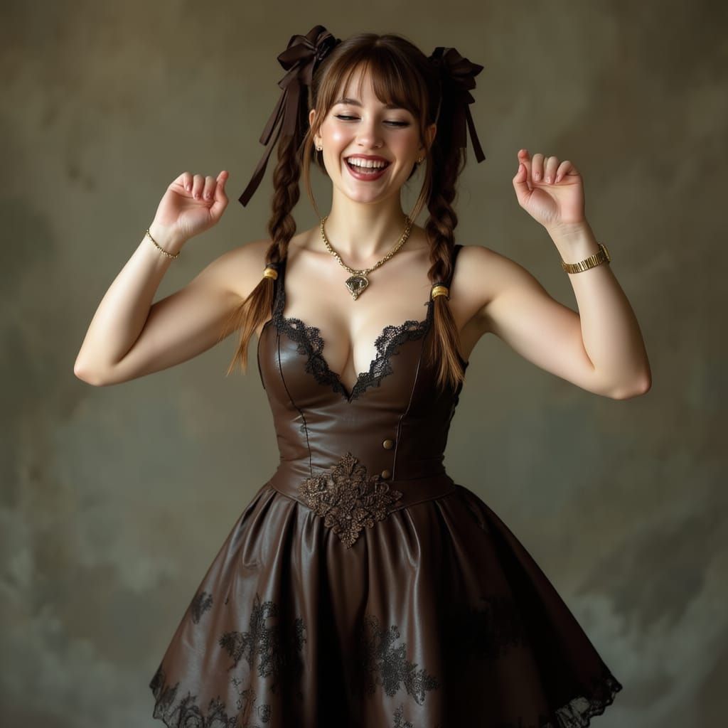 Woman in Mushroom Leather Dress Dancing Joyfully