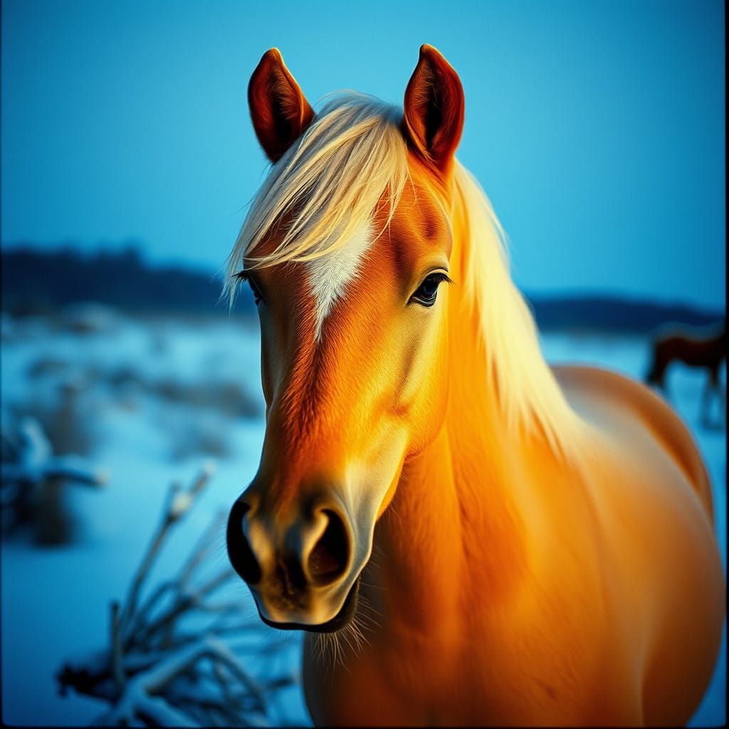 Cinematic Palomino Horse in Winter Film Still