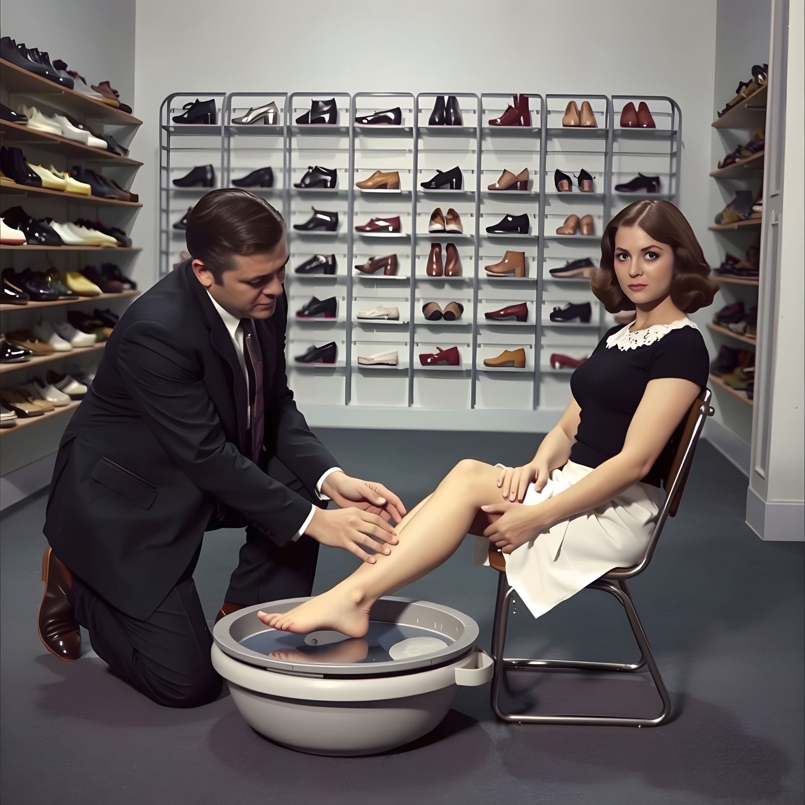1960s Style Scene: Man Tending to Woman's Foot