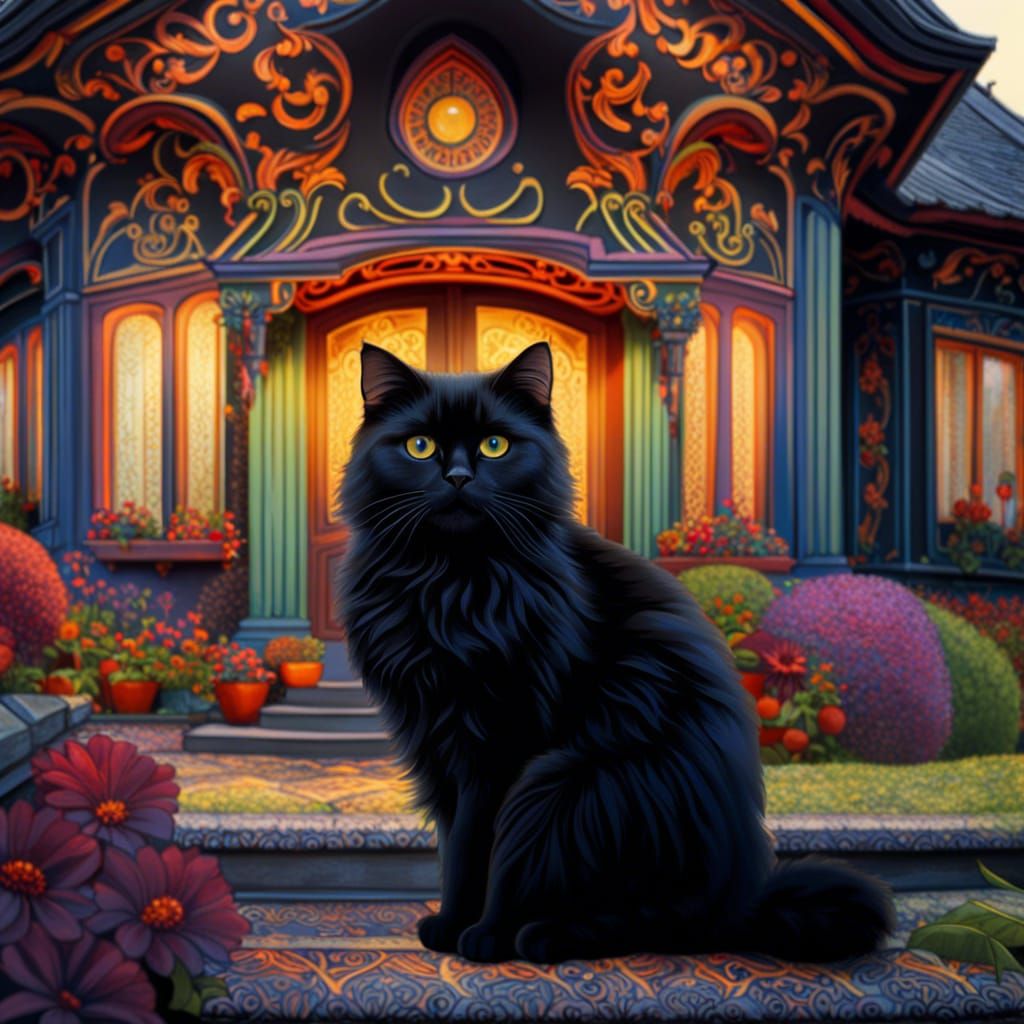Detailed Black Cat Near a Colorful House