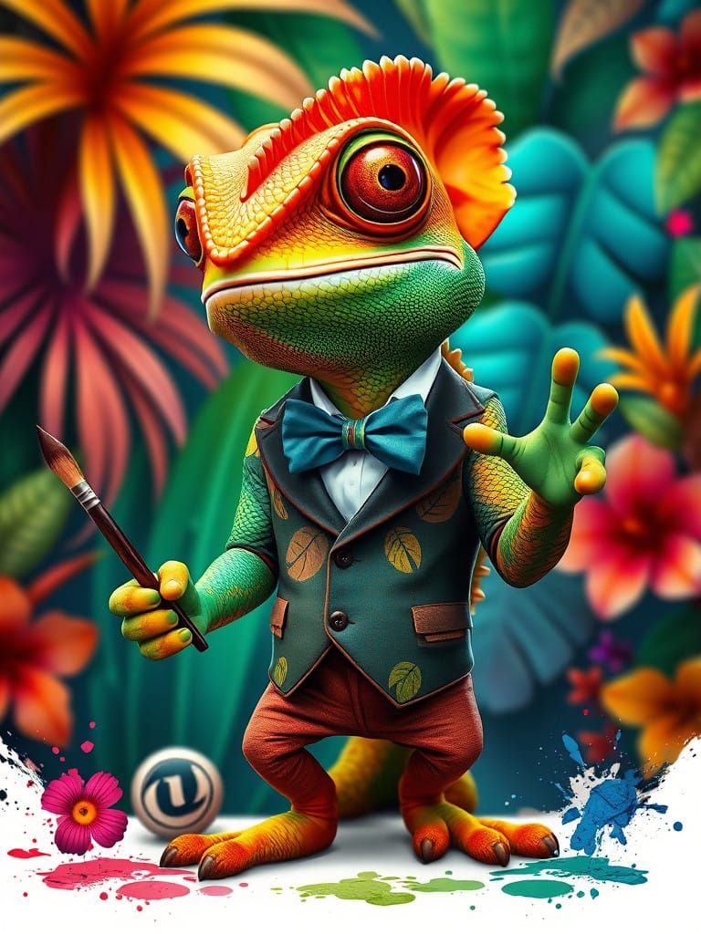 Vibrant Anthropomorphic Chameleon Portrait in Tropical Setti...