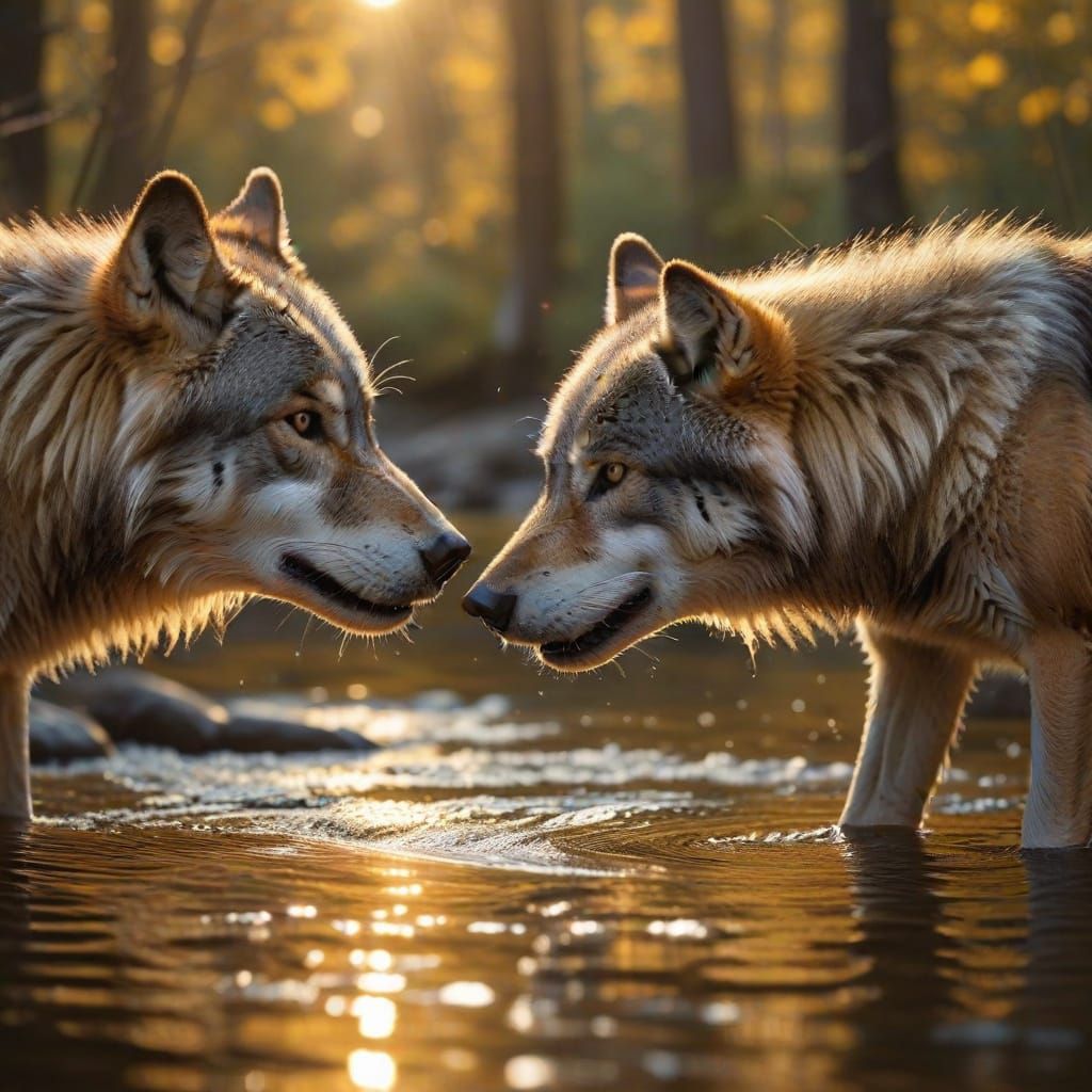 Wolves Touching Noses in Golden Light of Autumn Forest