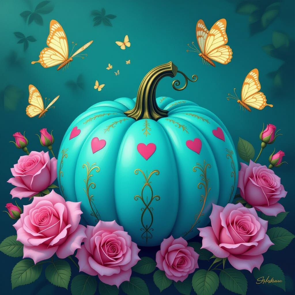 Whimsical Turquoise Pumpkin with Roses and Butterflies