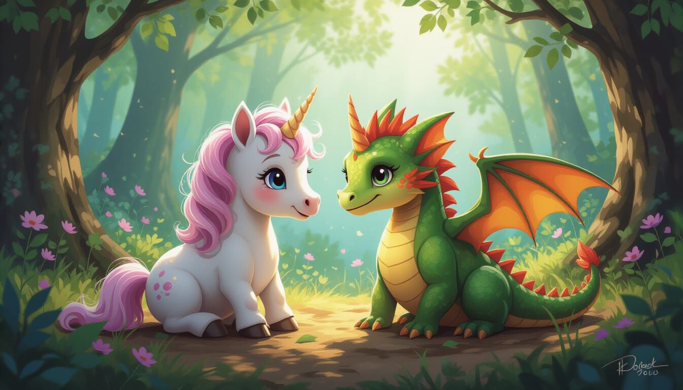 Baby Unicorn and Dragon in Magical Forest, Digital Painting