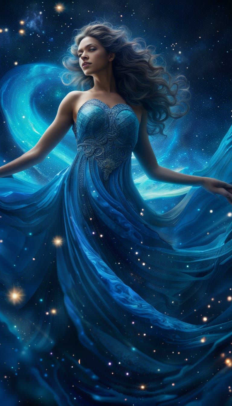 Goddess in Flowing Blue Dress Among Galaxies