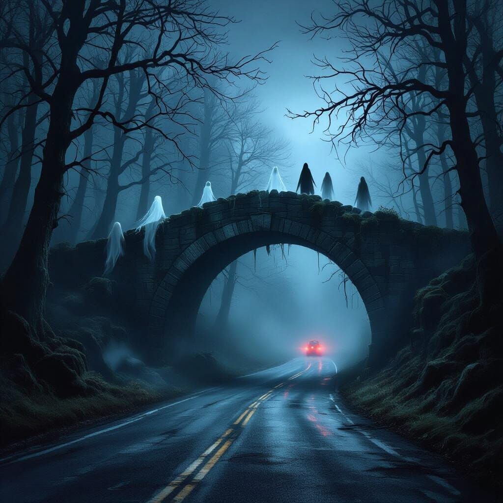 Haunted Forest Road with Spirits and Arched Bridge