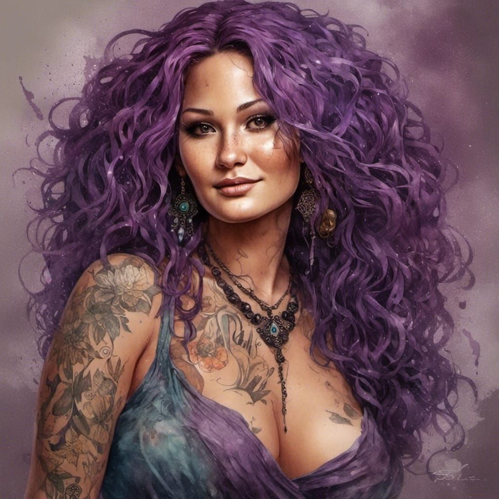 Vibrant Gypsy Woman with Purple Hair in Splash Art