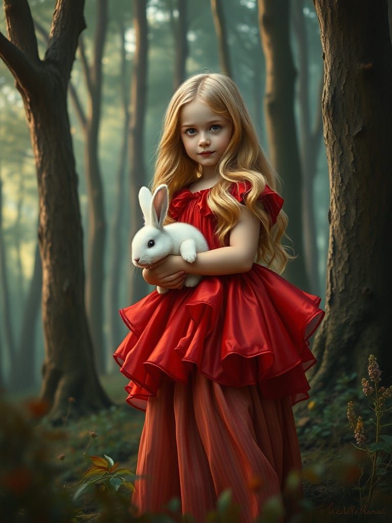 Serene Girl in Crimson Taffeta with Fluffy White Rabbit in W...