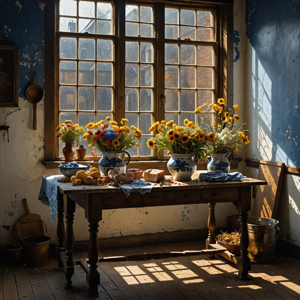 Hyperrealistic Flowers on Butcher Table, Pollock and Vermeer...