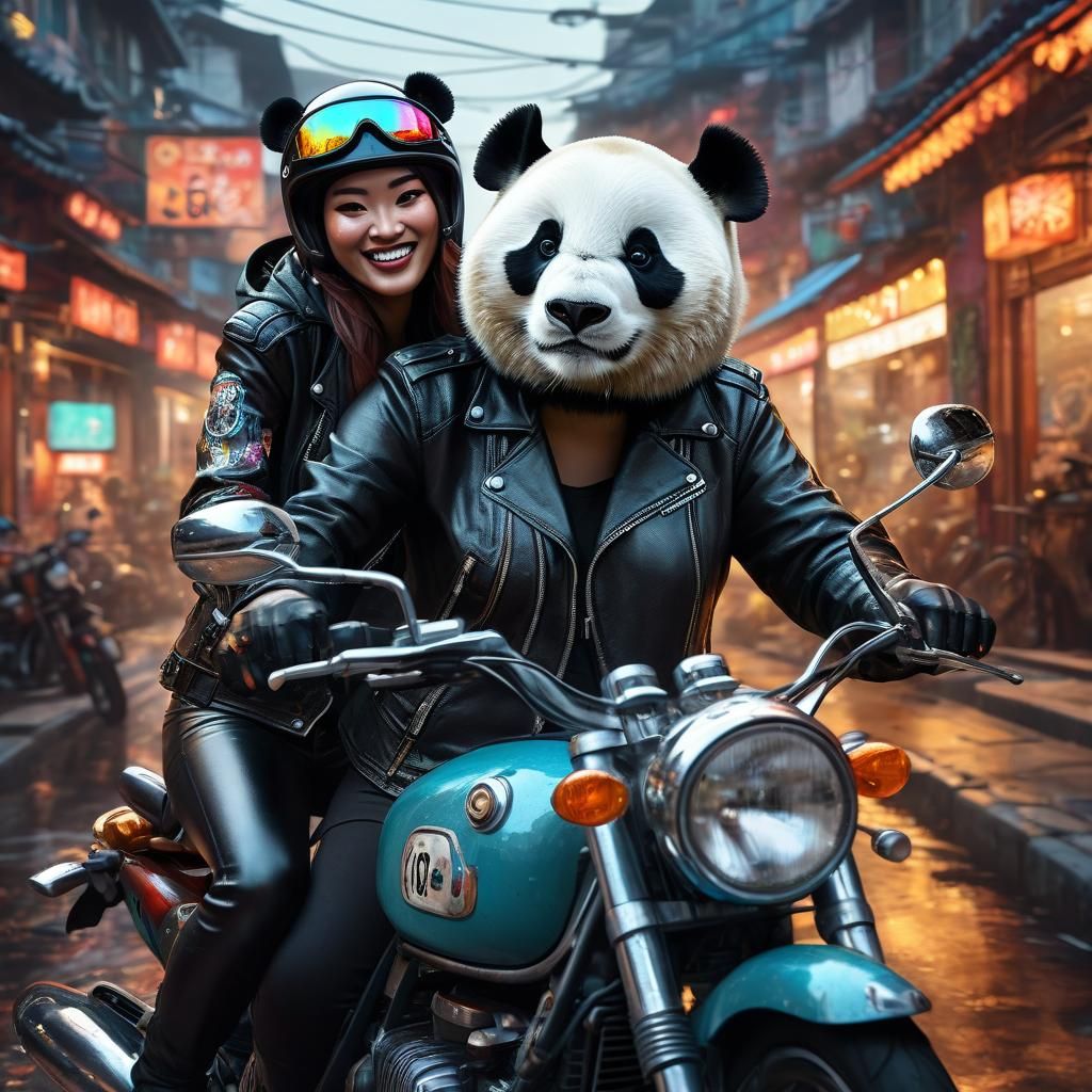 Hyperrealistic Panda Couple Cruises Motorcycles with Smiling...
