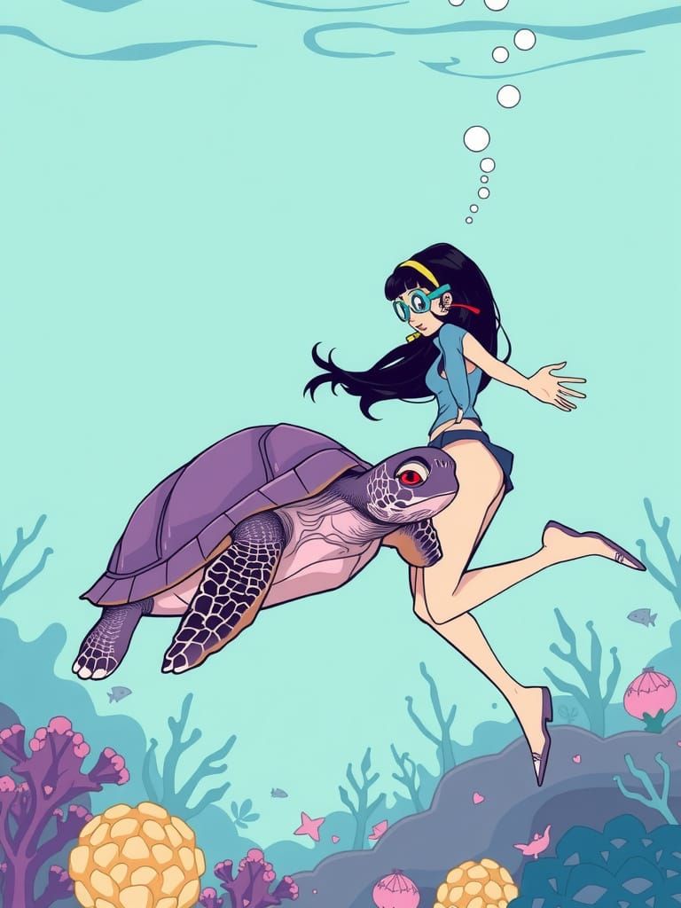 Cute Female Diver Meets Purple Turtle in Underwater Comic Ar...