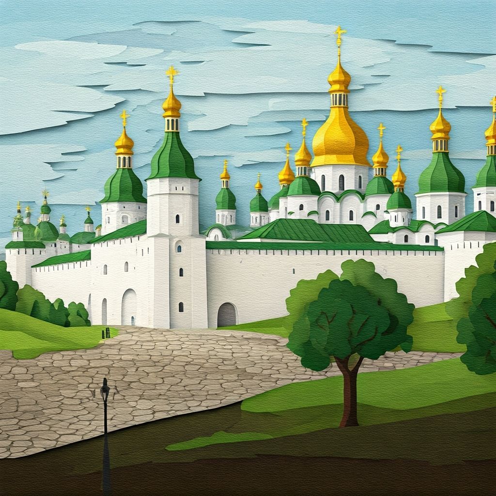 Medieval Kyiv,  depicted using layers of cut paper, onion-do...