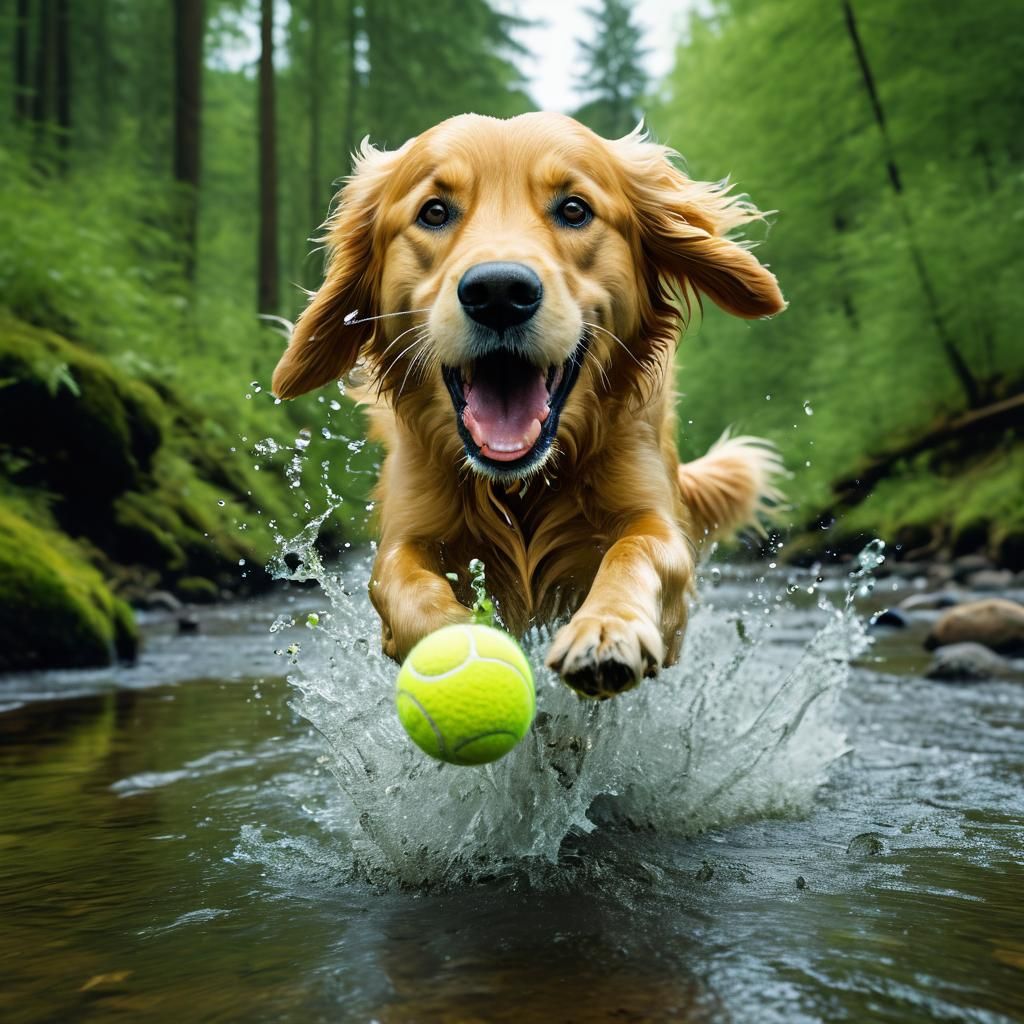 Golden Retriever Splashing Through Stream: Macro Shot
