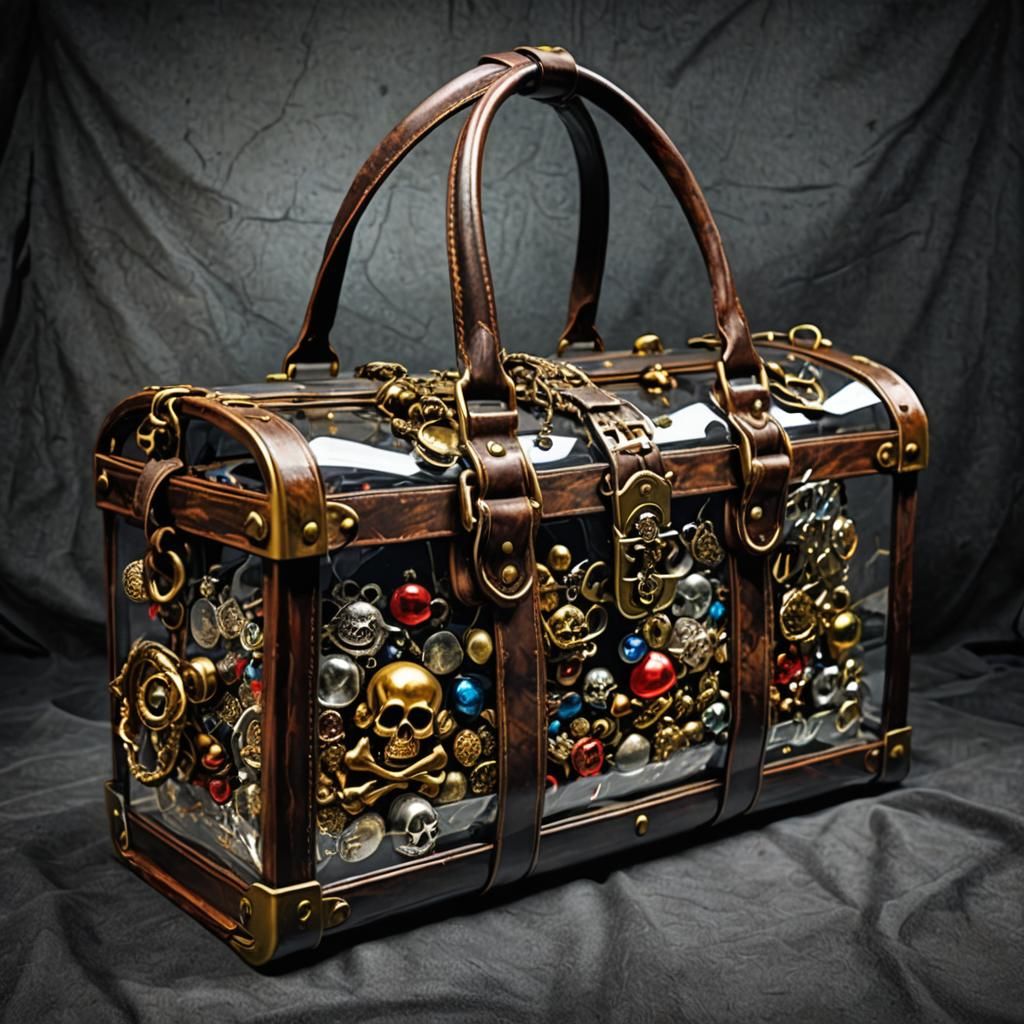 transparent weekender tote bag full of pirate treasure