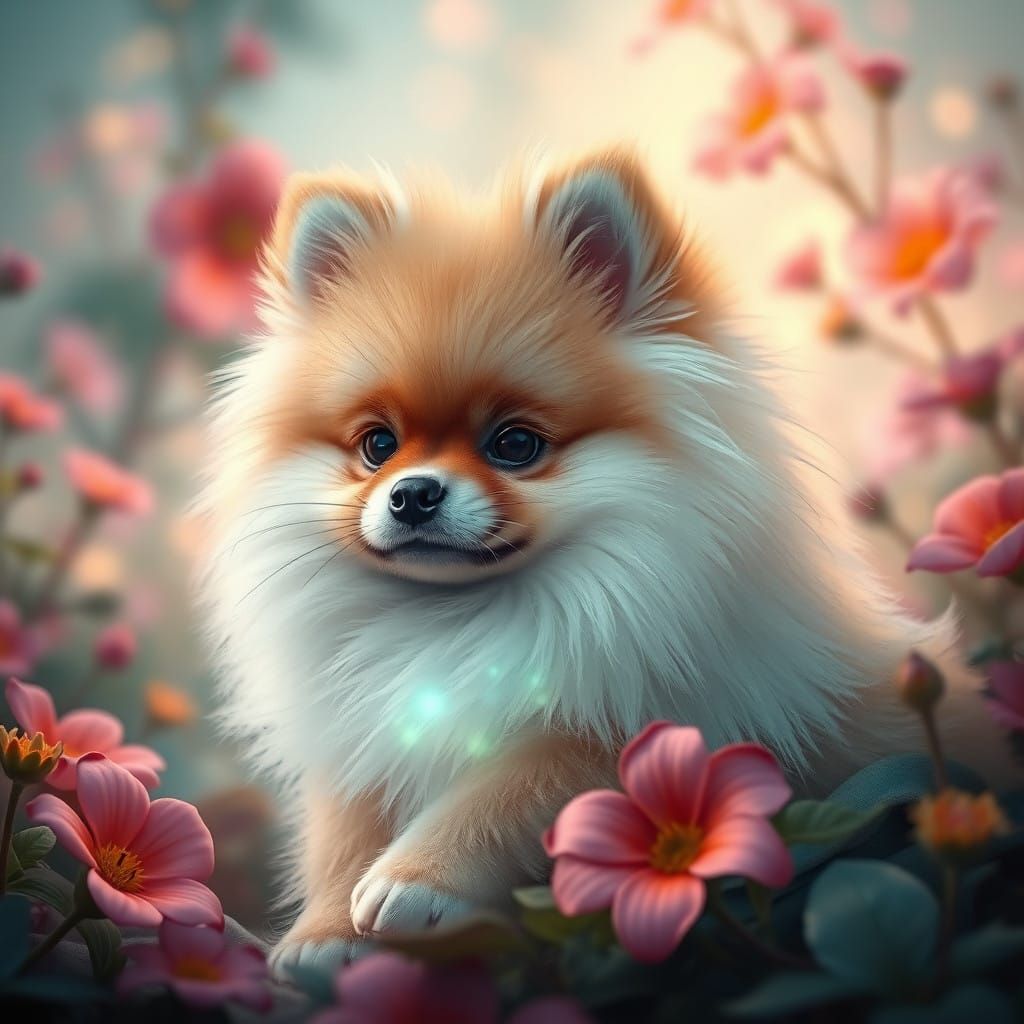 Regal Pomeranian Puppy in Dreamlike Fantasy Realm
