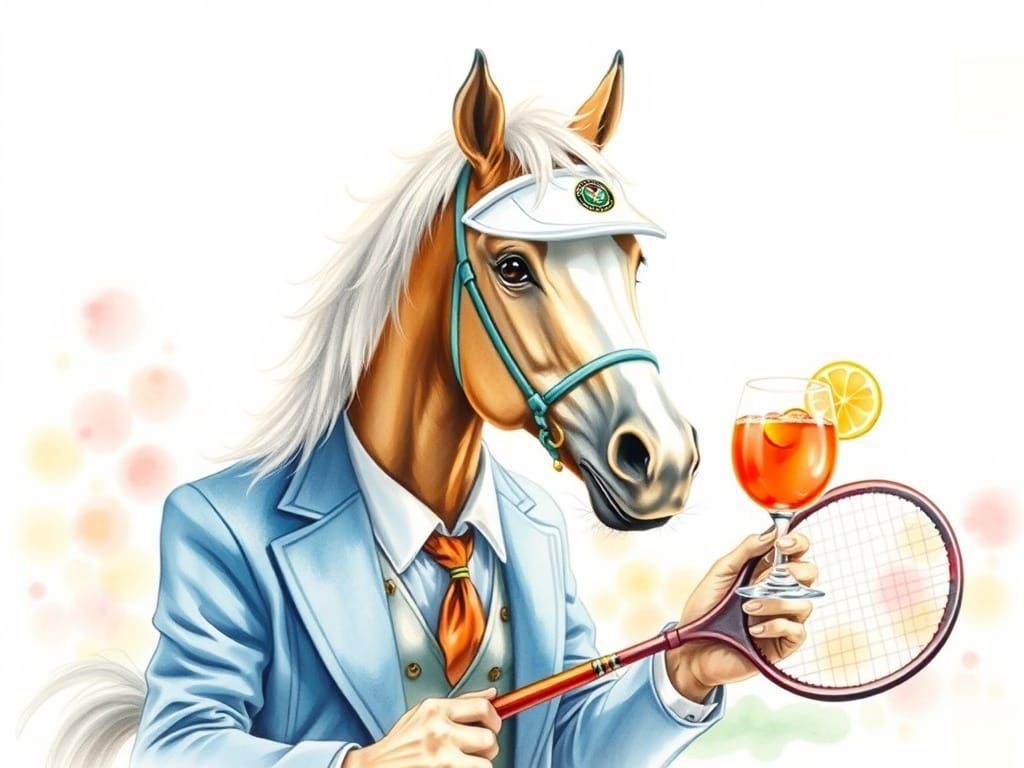 Stallion Plays Tennis at Wimbledon, Watercolor Art