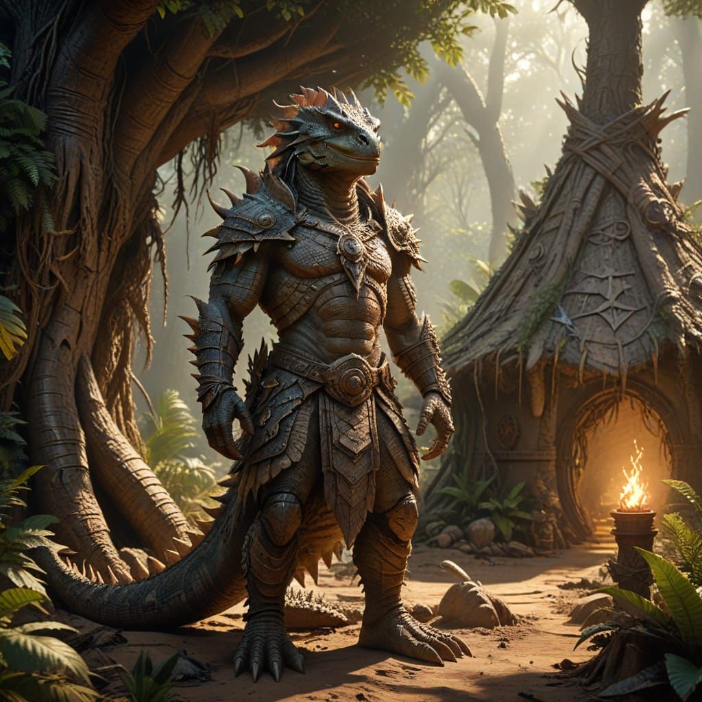 Lizardman Chief in Forest Camp - Fantasy Concept Art