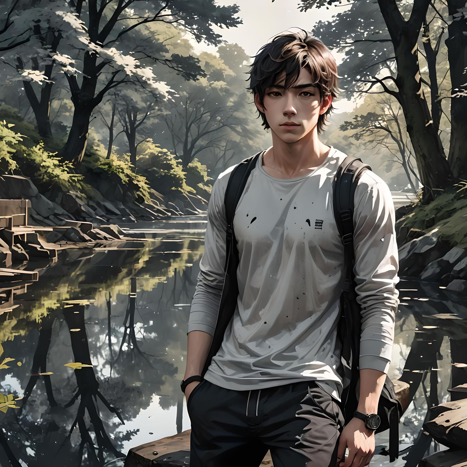 Anime Portrait of Handsome Man in Park