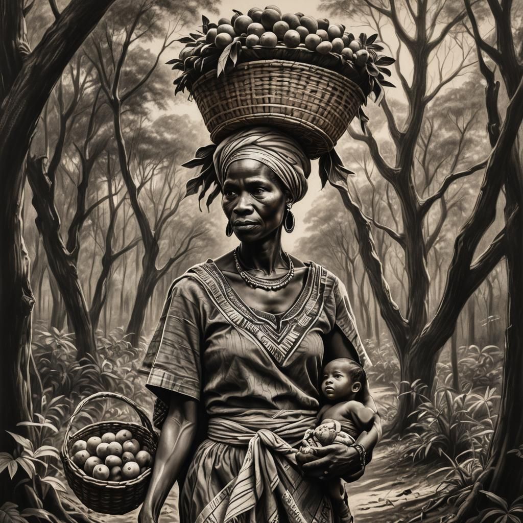 African Woman with Fruit Basket, Charcoal Drawing