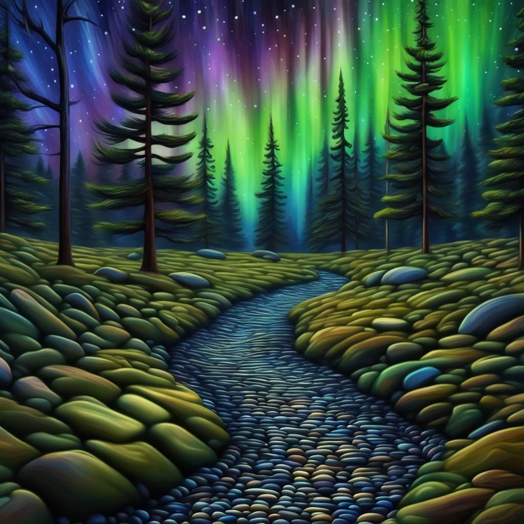 Dark Pine Forest, Streaking Aurora Borealis Starry Night Ski...