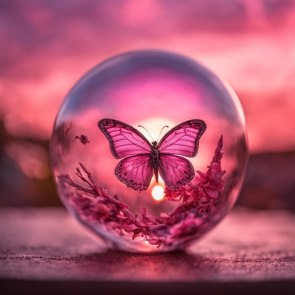 Pink Butterfly in Glass Ball at Sunset