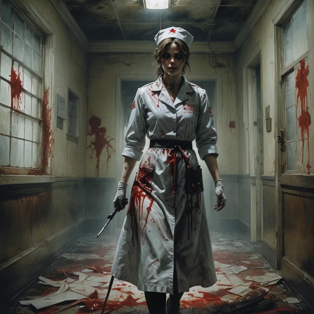 Bloodstained Nurse in Abandoned Hospital: Horror Art