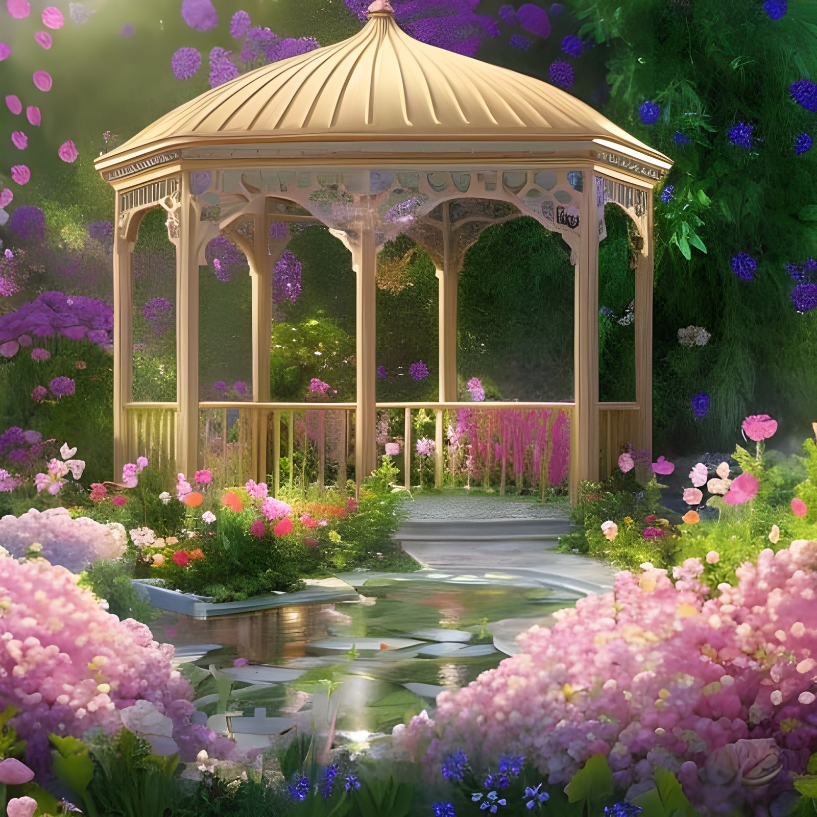 Celestial Floral Gazebo in Magical Garden, Art Nouveau