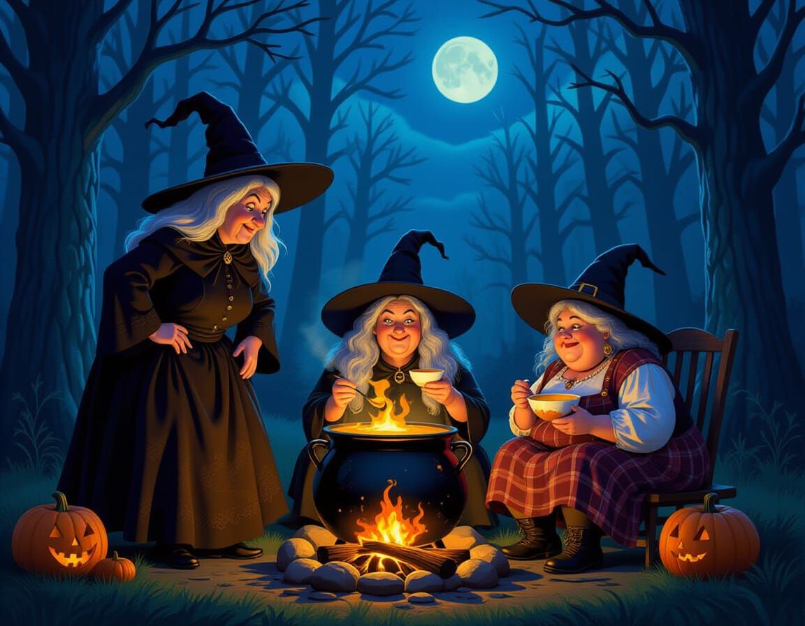 Discworld Witches Meeting Around Cauldron