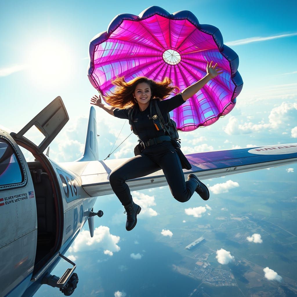 Adventurer Leaps from Vintage Airplane with Iridescent Parac...