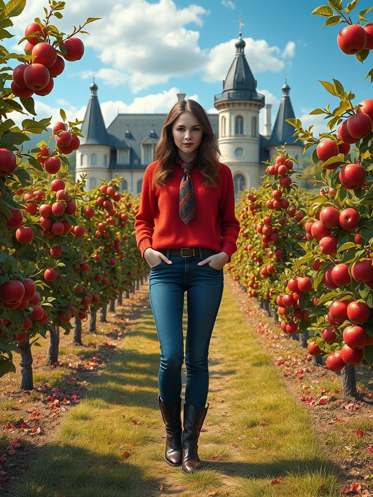 Woman in Apple Orchard: Dreamlike Oil Painting