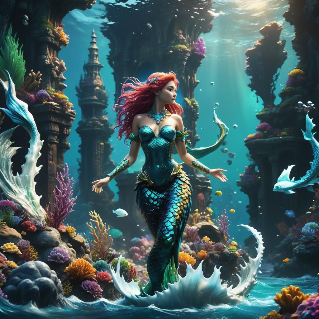 Digital Mermaid in Deep Ocean, Detailed Matte Painting