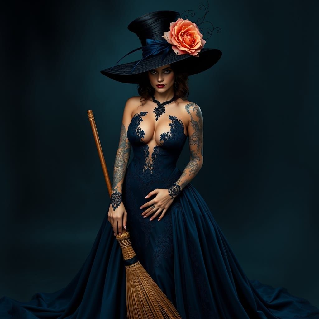 Gothic Fantasy Woman in Lace Gown with Theatrical Hat