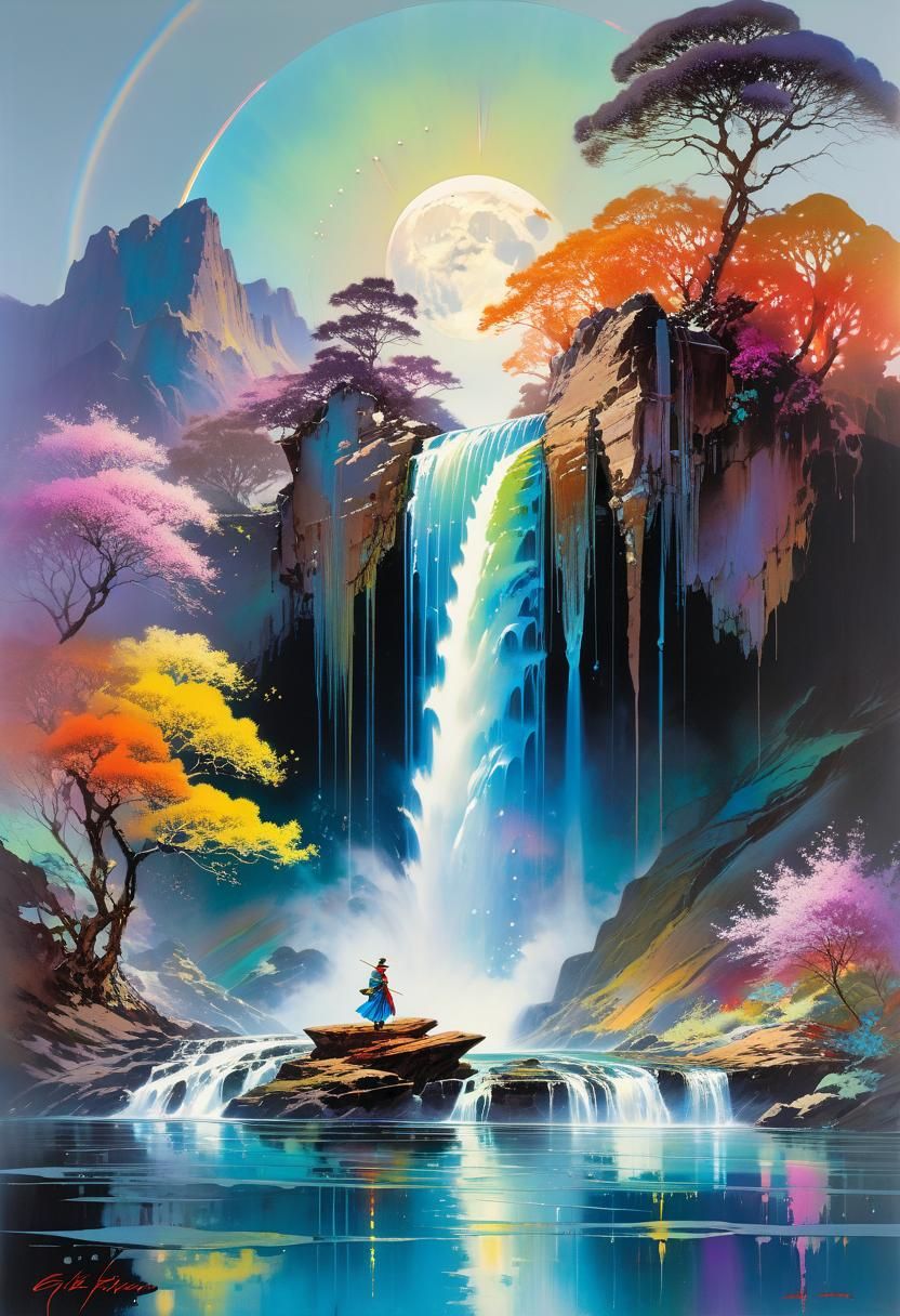 Colorful Moonstone Waterfall in Modern Art Style