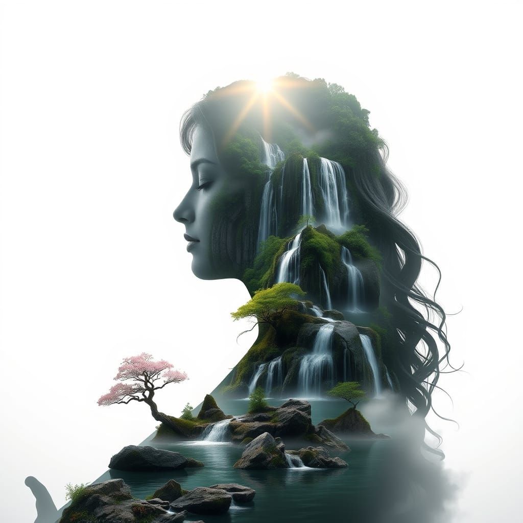 Meditating Woman Silhouette with Waterfall Hair