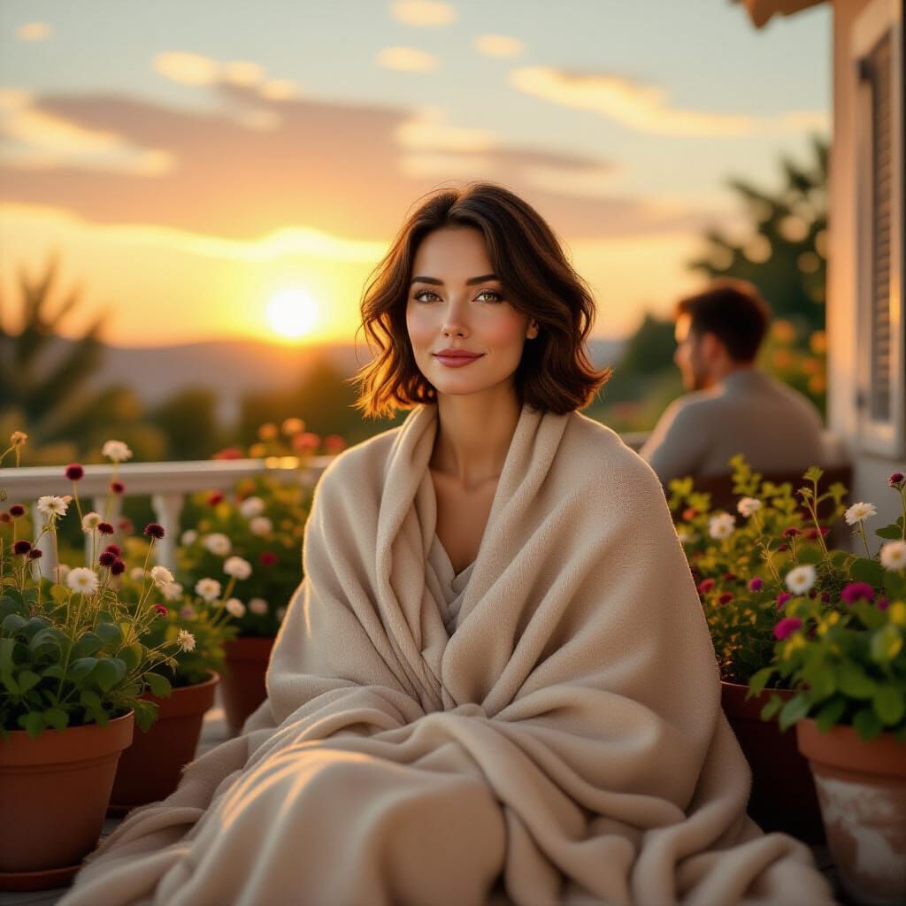 Woman on Terrace at Sunset in Realist Style