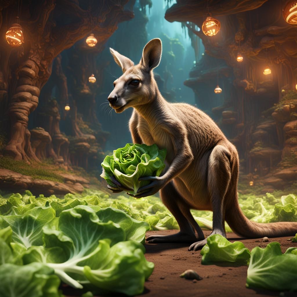 Kangaroo Eating Lettuce: Detailed Matte Painting