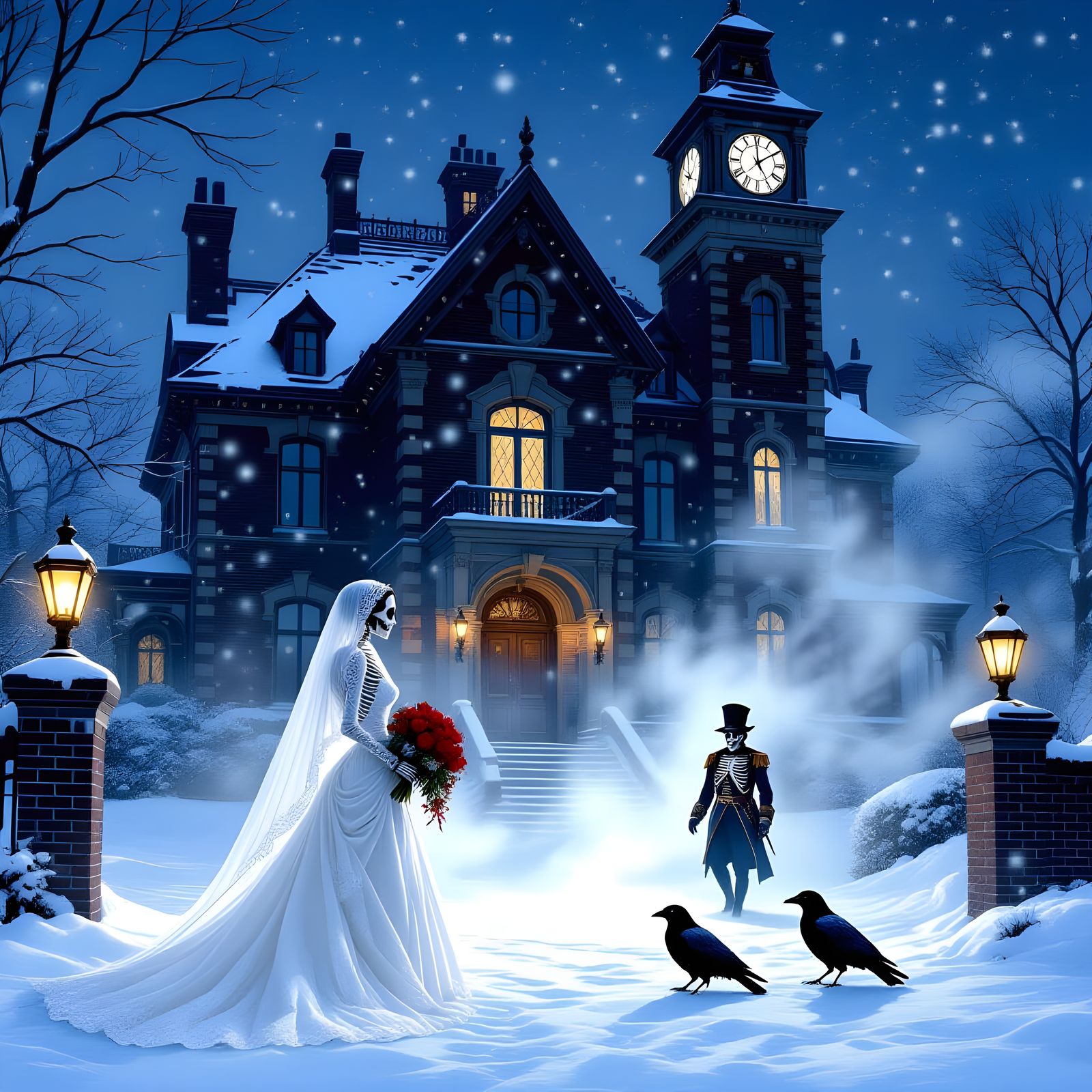Skeletal Bride Welcomes Soldier Home on Winter Night