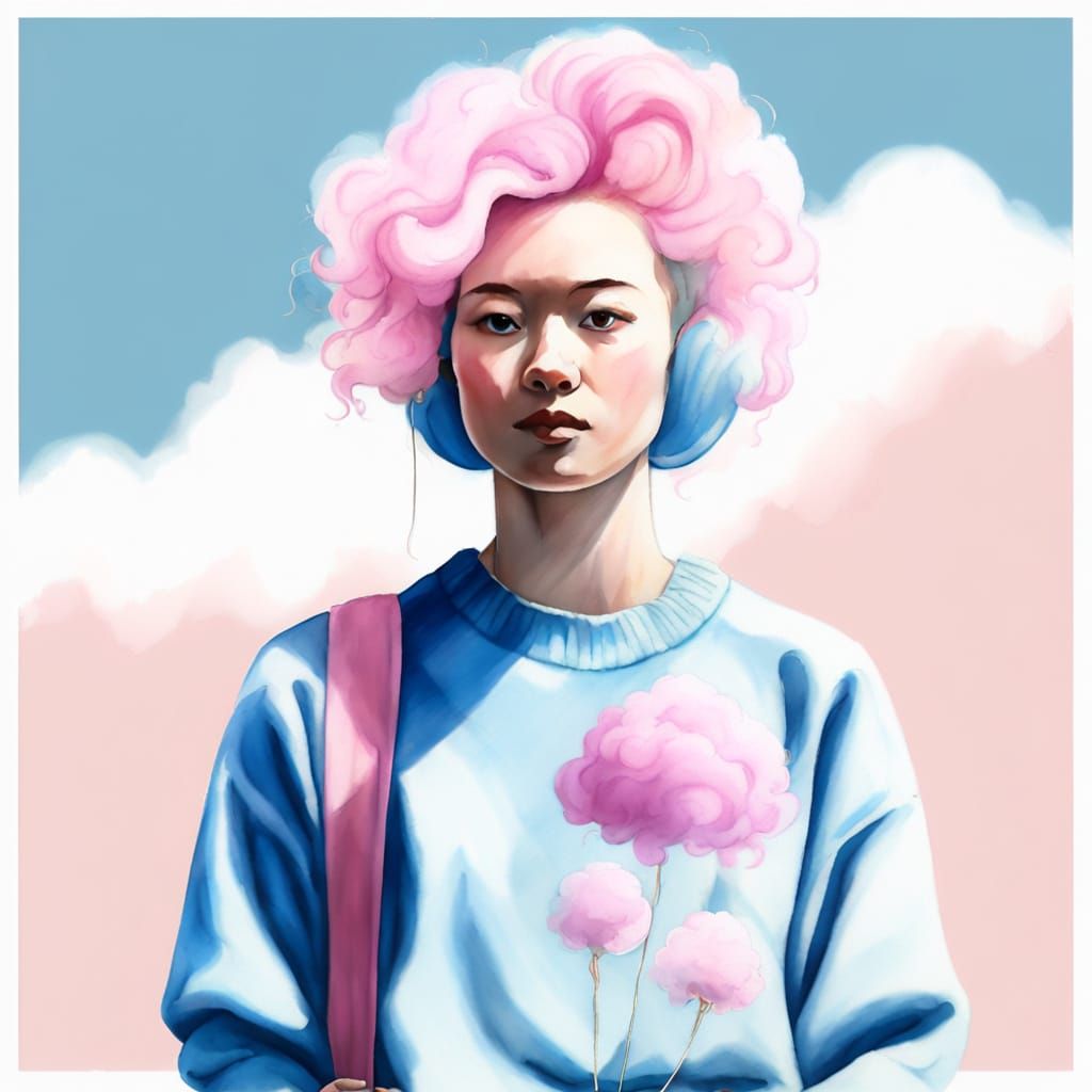 A woman with cotton candy hair wearing a cashmere twinset ma...