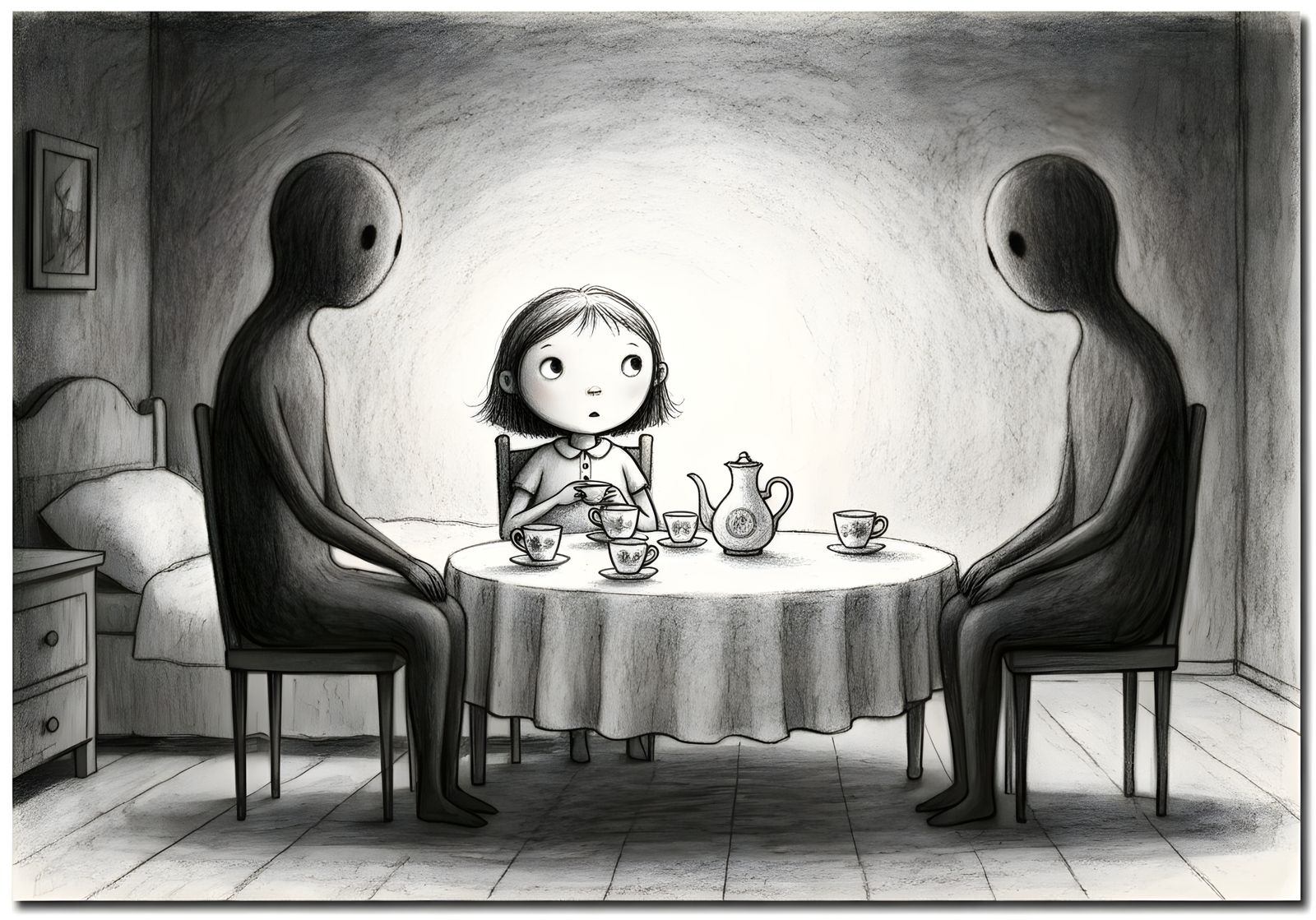 Girl's Tea Party with Shadow Guests in Charcoal Style