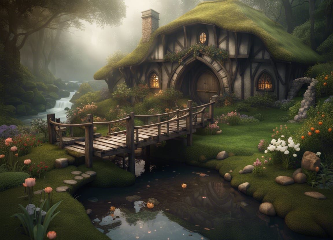 Medieval Hobbit Home with Bridge in Forest