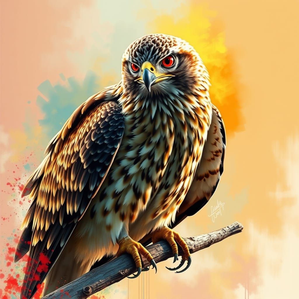 Intense Hawk Perched on Branch in Hyperrealistic Splash Art