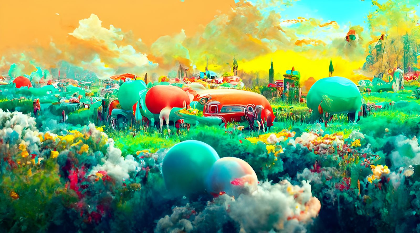 Surreal Cookout with Piggies in Psychedelic Panorama