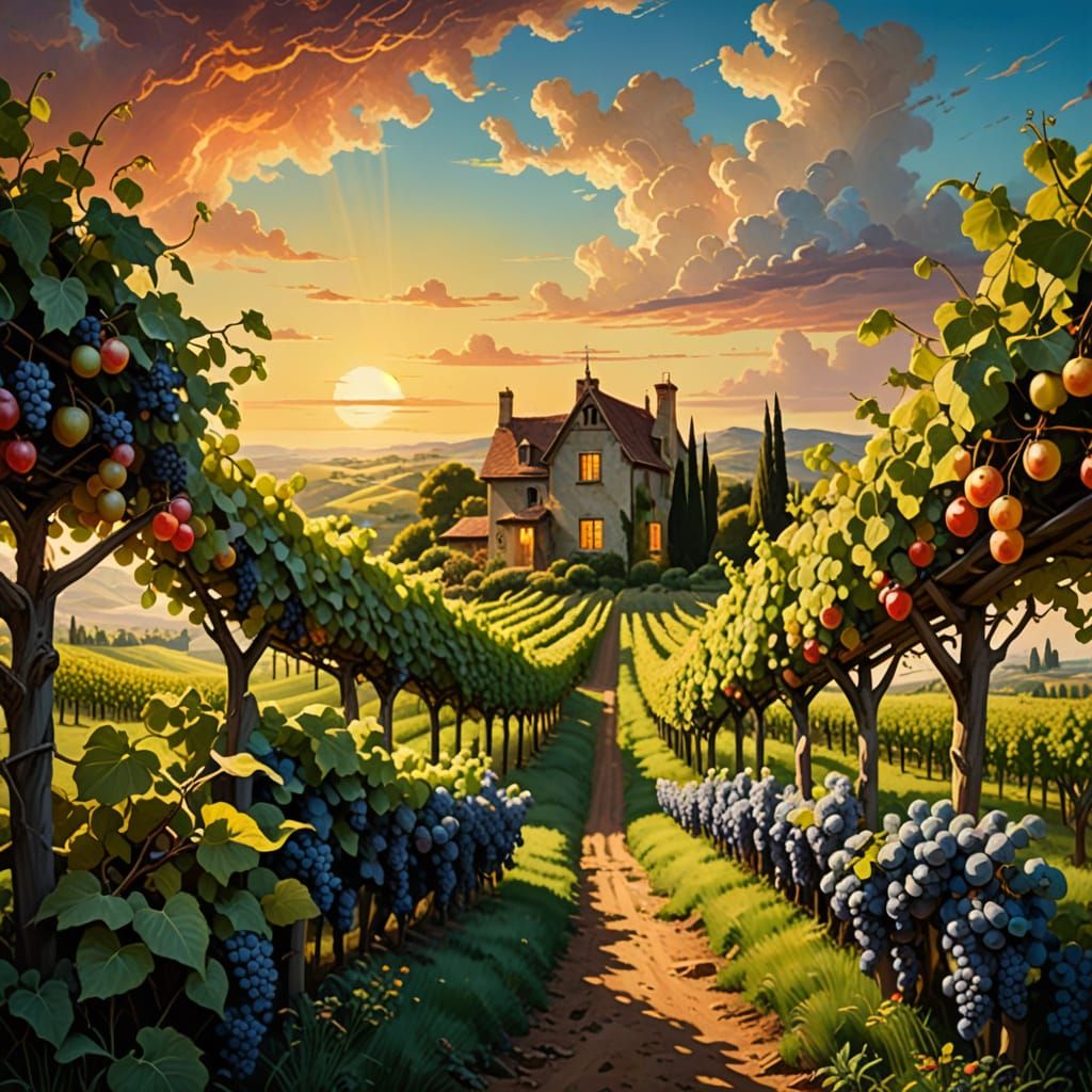 Surreal Vineyard Landscape in Vibrant Gouache Style