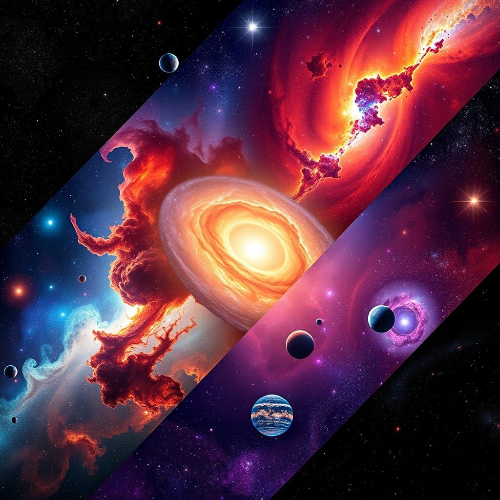 A collage of vibrant and detailed outer space scenes, divided into diagonal bands. Each band showcases a unique nebula a...