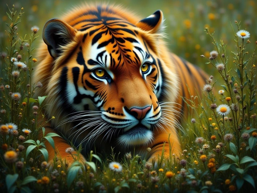 Tiger Camouflaged in Tall Grass