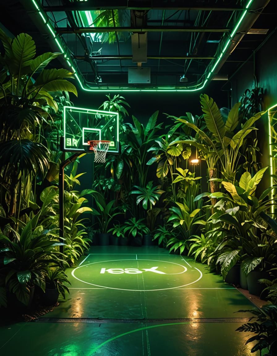 Jungle-Themed Basketball Court with Neon Lights