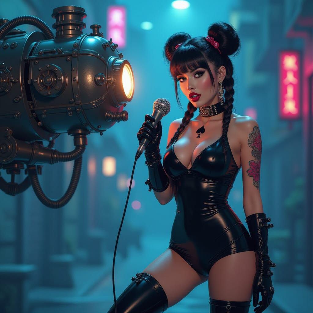 Surprised Woman in Spandex with Glowing Boots Sings