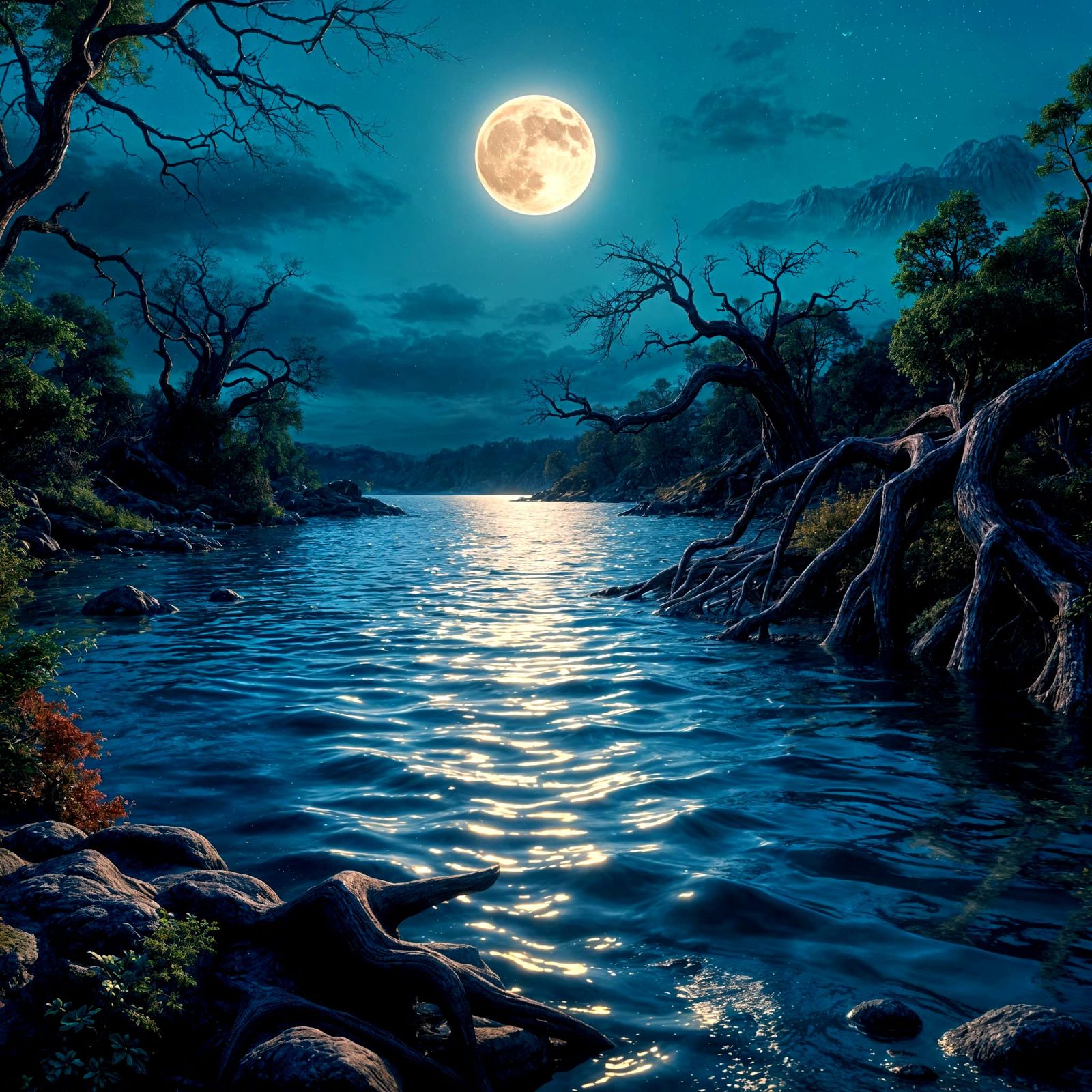 Lunar Reflections Dancing in a River, in Vibrant Fantasy Art