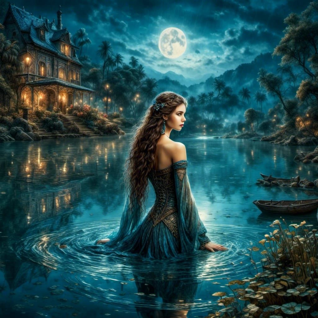 Lady of the Lake Emerges from Moonlit Lake