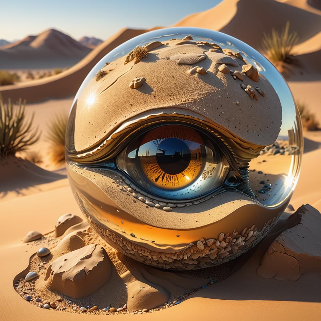 Hyperrealistic Desert Aquarium with Human Eyes